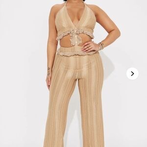Fashion Nova Tan Wide Leg Crochet Jumpsuit